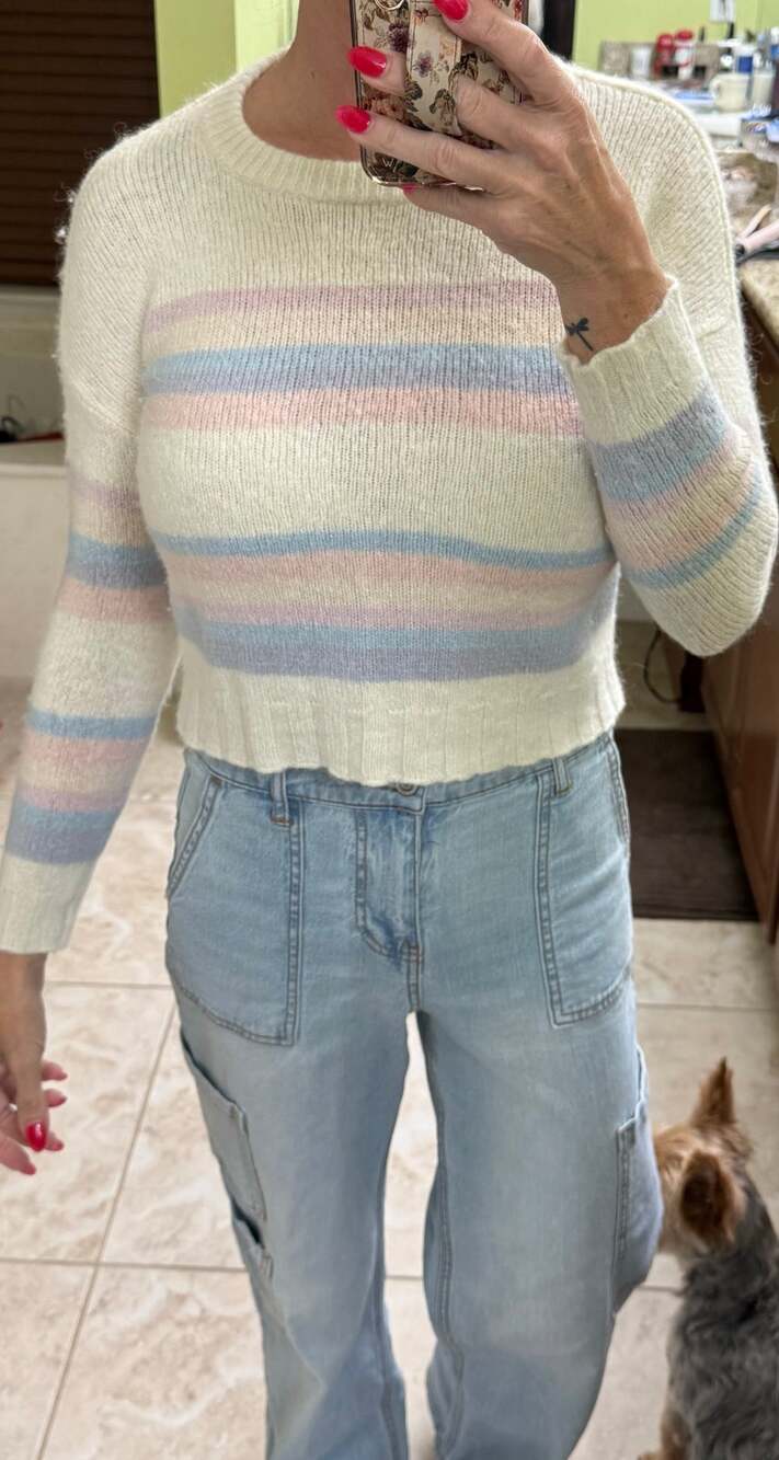 Rails Lani Stripe Wool XS sweater crop Alpaca Wool pink blue cream long sleeve
